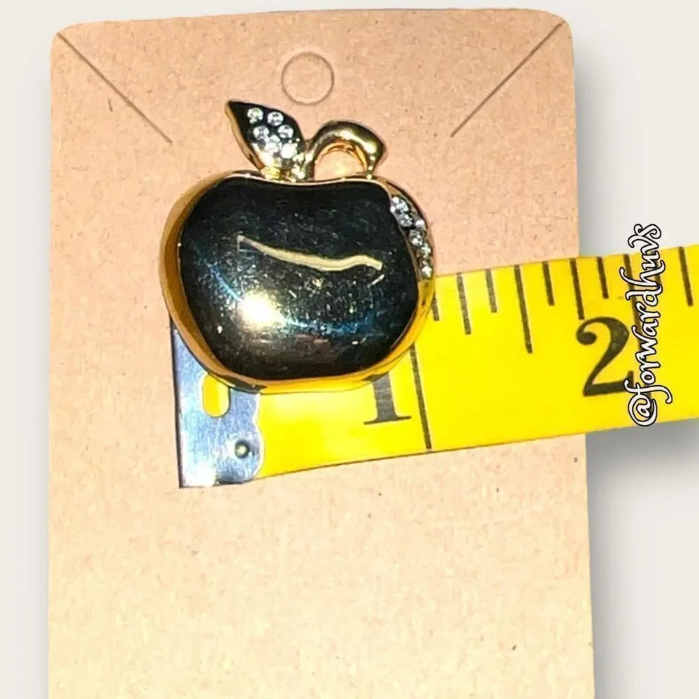 Gold Tone Apple Brooch With Rhinestone Embellishment